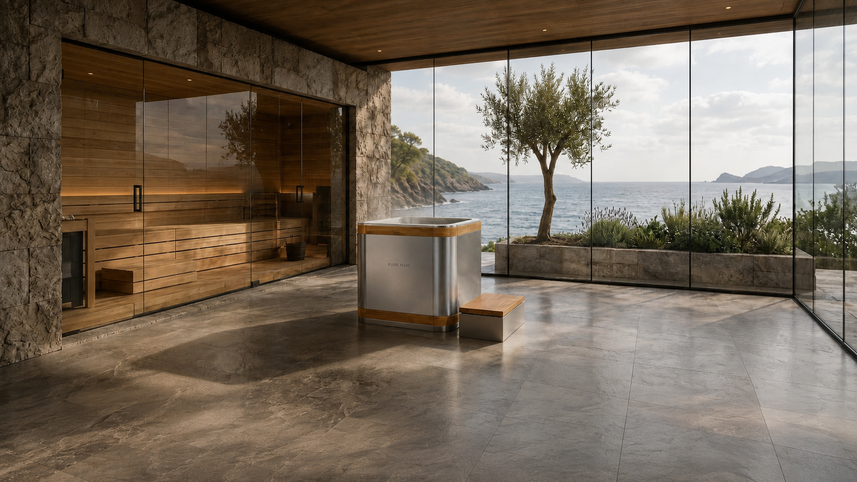 KUBE N • 20 in a refined coastal interior beside a sauna, framed by sea and olive tree beyond