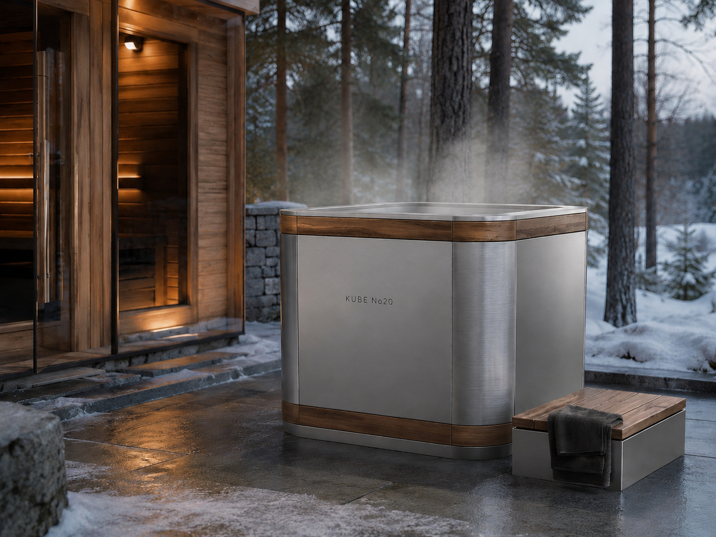 KUBE Nº 20 beside a sauna in a winter forest, steam rising into the cold air